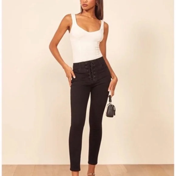 REFORMATION BLACK JADEN HIGH AND SKINNY LACE UP FRONT CLOSURE JEANS - Picture 2 of 12